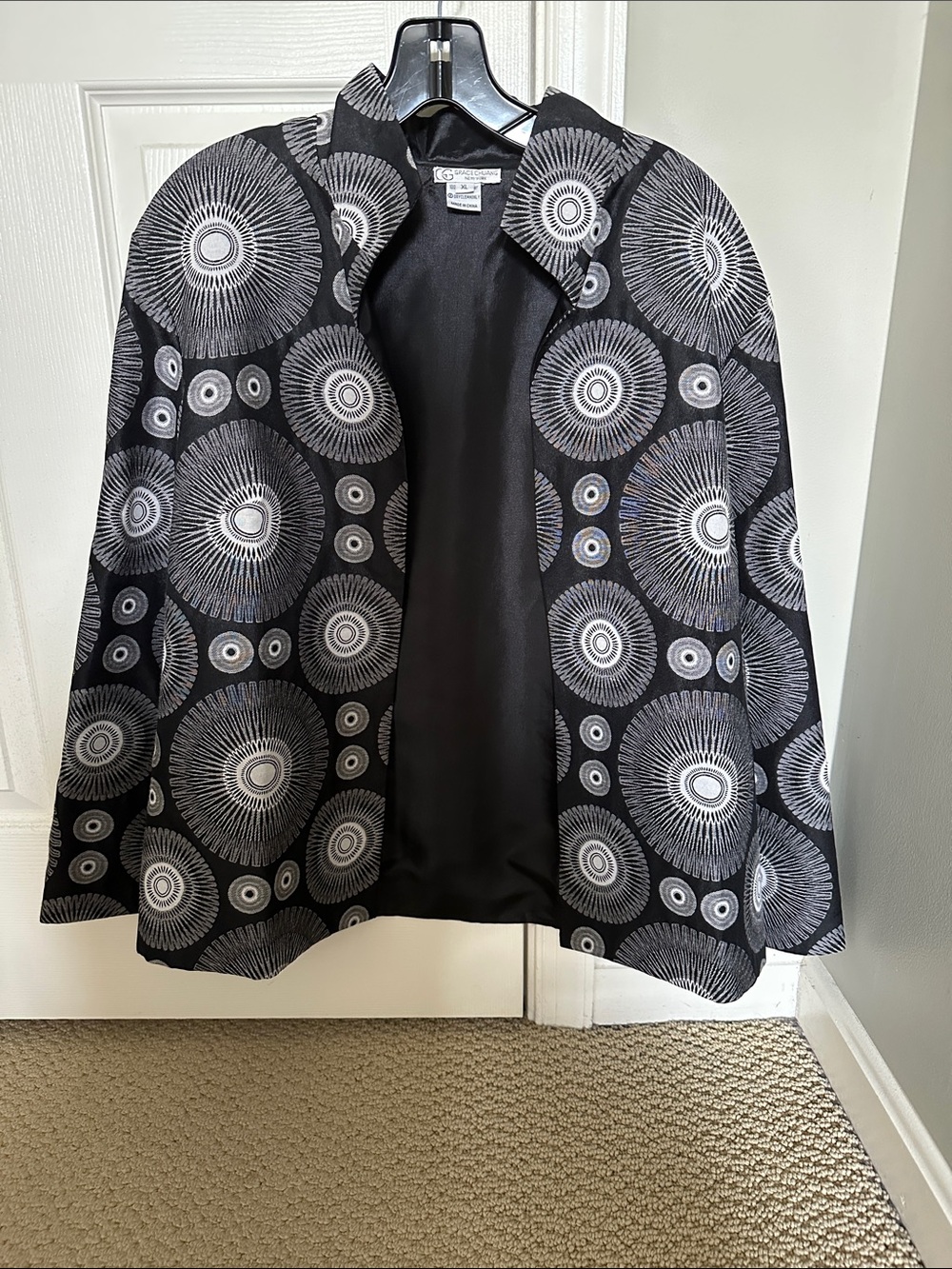 Grace Chuang Black Patterned Open Front Jacket with Circular Motif